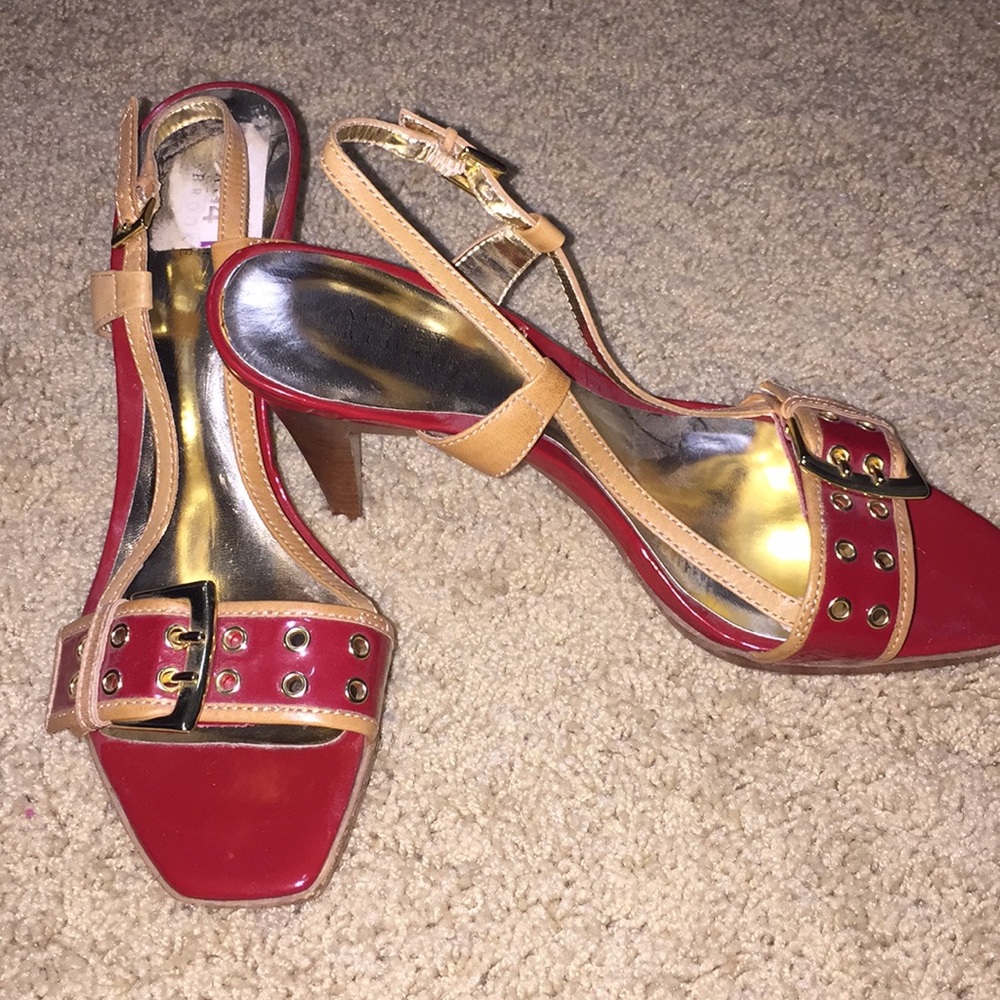 Red gold buckle heels